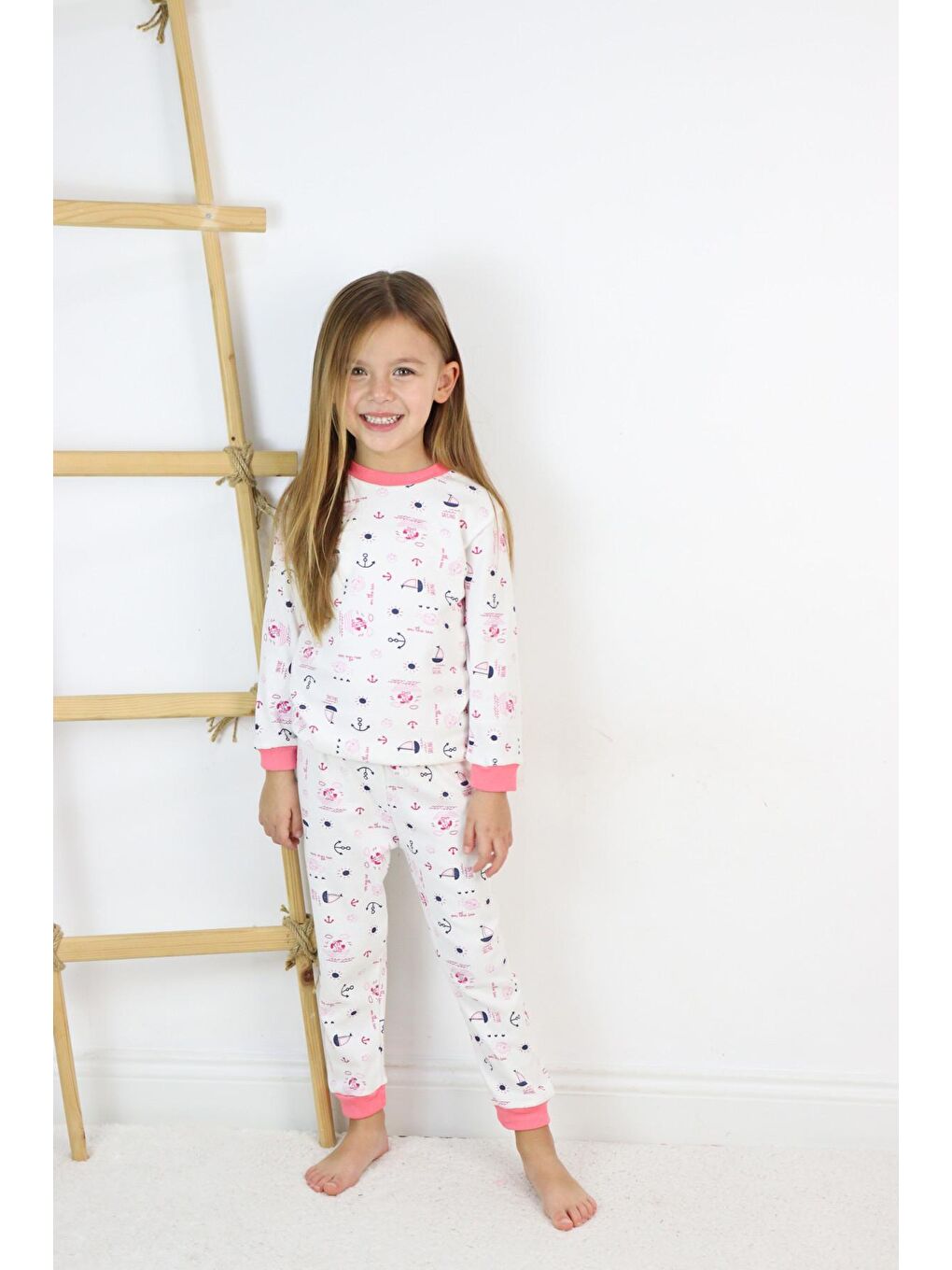 Harika KIDS Ekru Kız Çocuk Interlok Kumaş Örme Basic Baskılı Pijama Takımı - 6