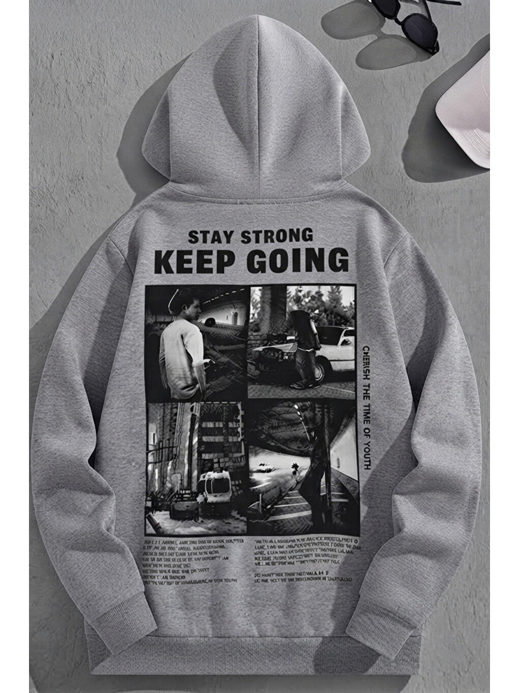 Unisex 3 İplik Pamuklu Gri Keepgoing Baskı Bol Kalıp Sweatshirt Hoodie