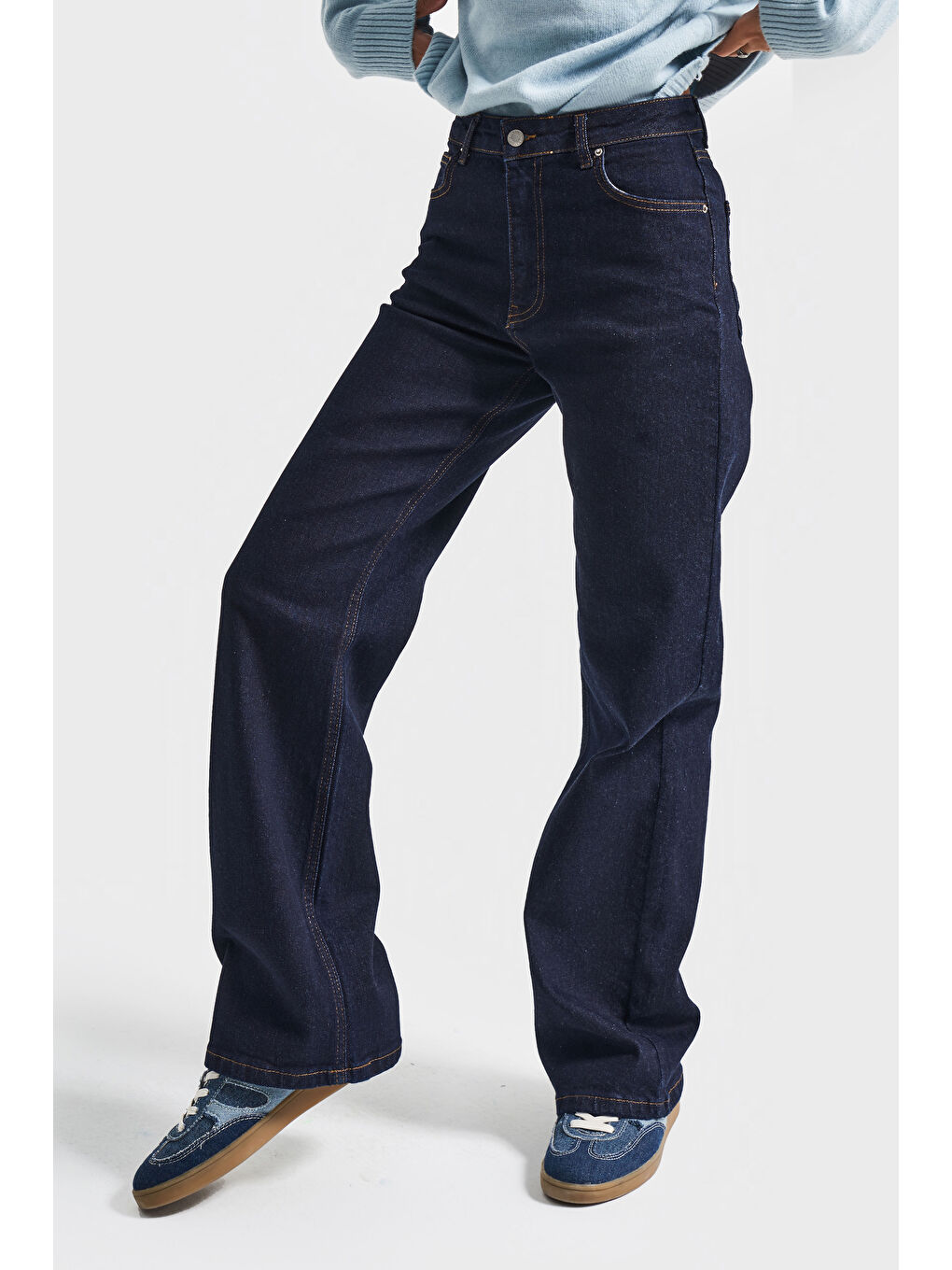 Kadın İndigo Renk 7w5-50 Straingt Fit Yüksek Bel İç Boy 80cm Esnek Kumaş Denim Jean