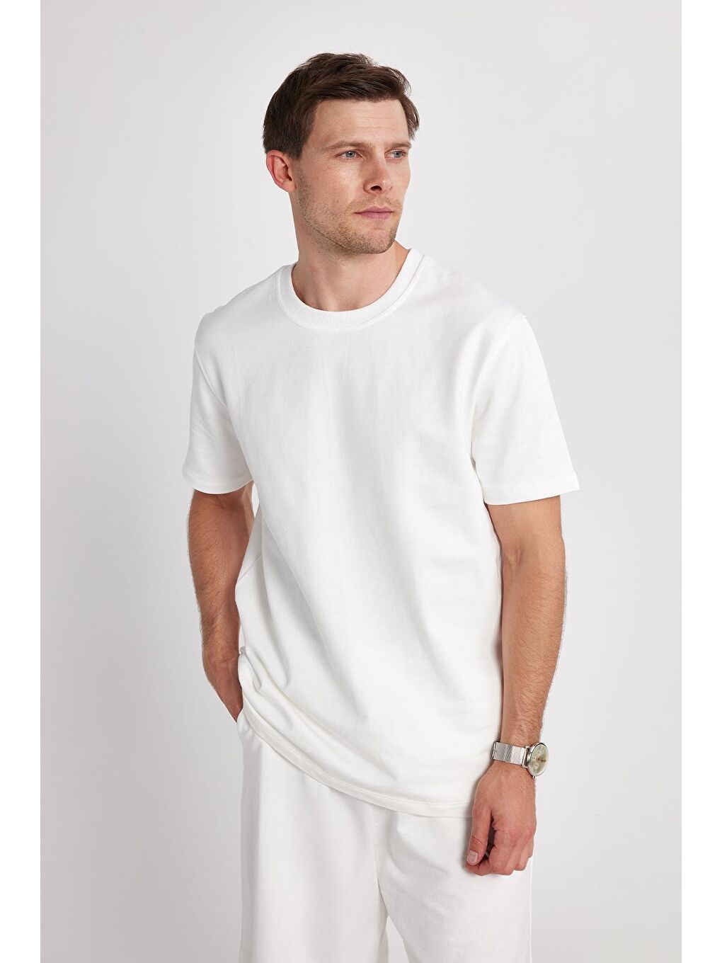 Relax Fit Rahat Kesim %100 Pamuk Hafif Kalın Özel Tasarım Erkek Ekru Şortlu Eşofman Takım-1