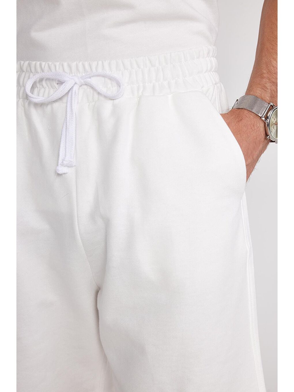 Relax Fit Rahat Kesim %100 Pamuk Hafif Kalın Özel Tasarım Erkek Ekru Şortlu Eşofman Takım-2