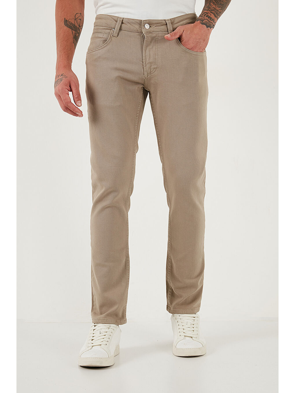 Bej Pamuklu Regular Fit Normal Bel Boru Paça Jeans 2211C40PARMA-1