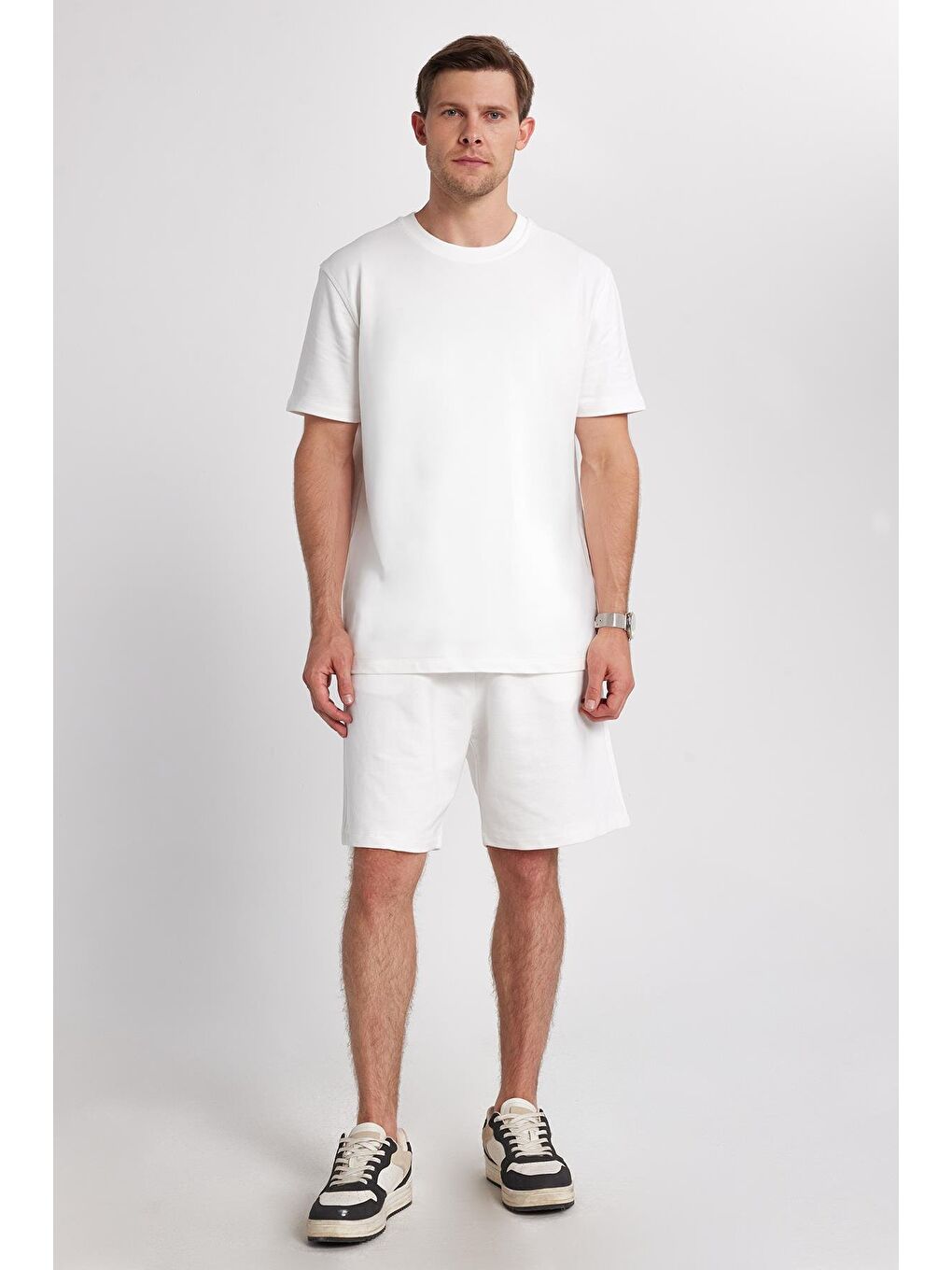 Relax Fit Rahat Kesim %100 Pamuk Hafif Kalın Özel Tasarım Erkek Ekru Şortlu Eşofman Takım-3