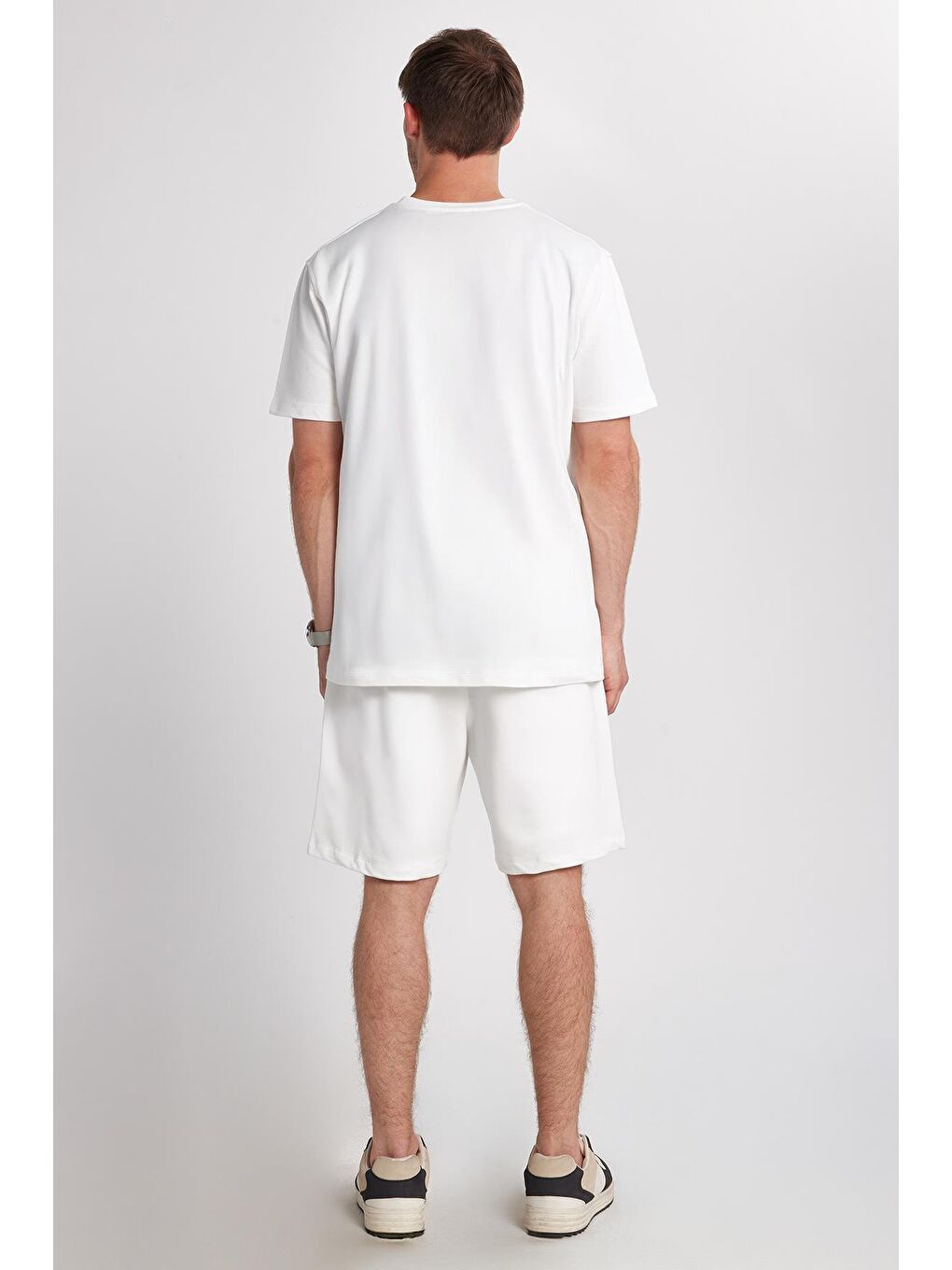 Relax Fit Rahat Kesim %100 Pamuk Hafif Kalın Özel Tasarım Erkek Ekru Şortlu Eşofman Takım-4