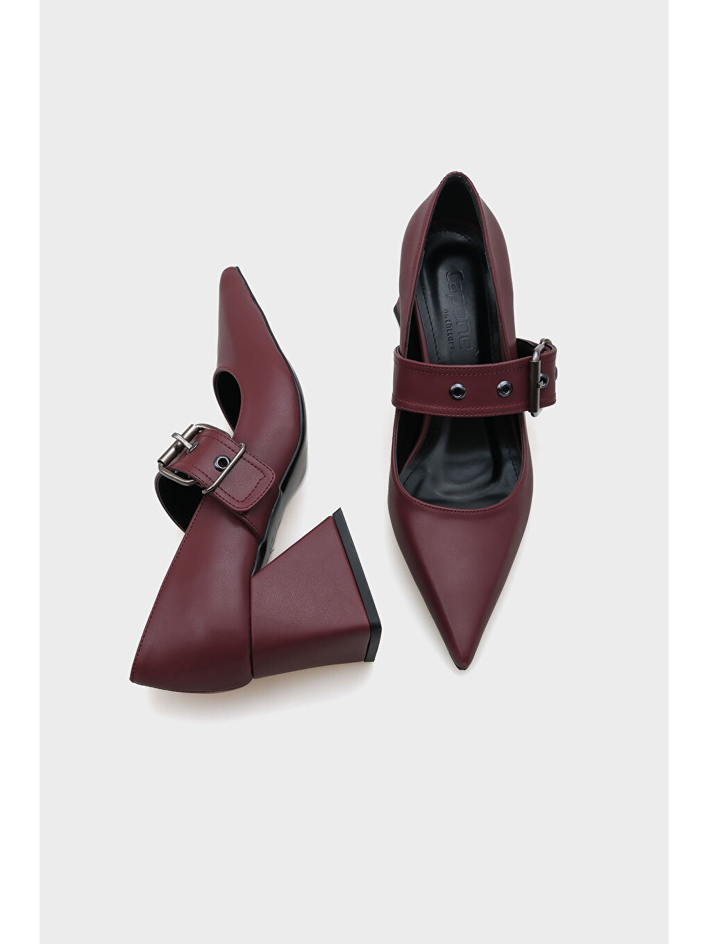 Bordo Roda Sivri Burunlu Orta Topuklu Metal Tokalı Kadın Ayakkabı-3