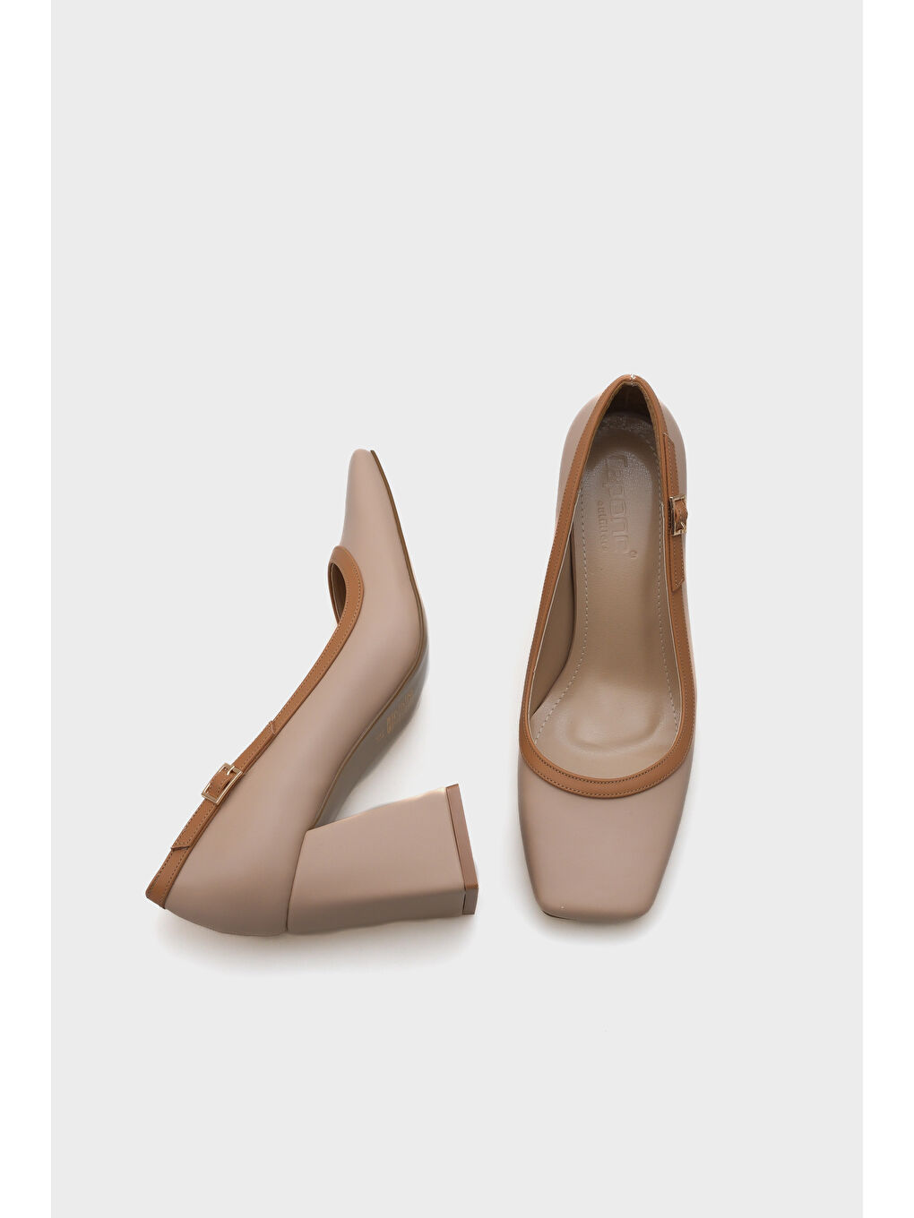 Bej Penny Küt Burunlu Orta Topuklu Tokalı Kadın Ayakkabı-5