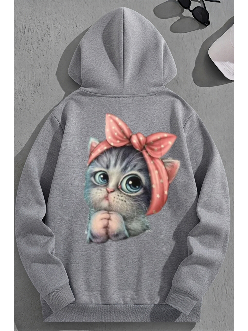 Unisex 3 İplik Pamuklu Gri Minikkedi Baskı Bol Kalıp Sweatshirt Hoodie