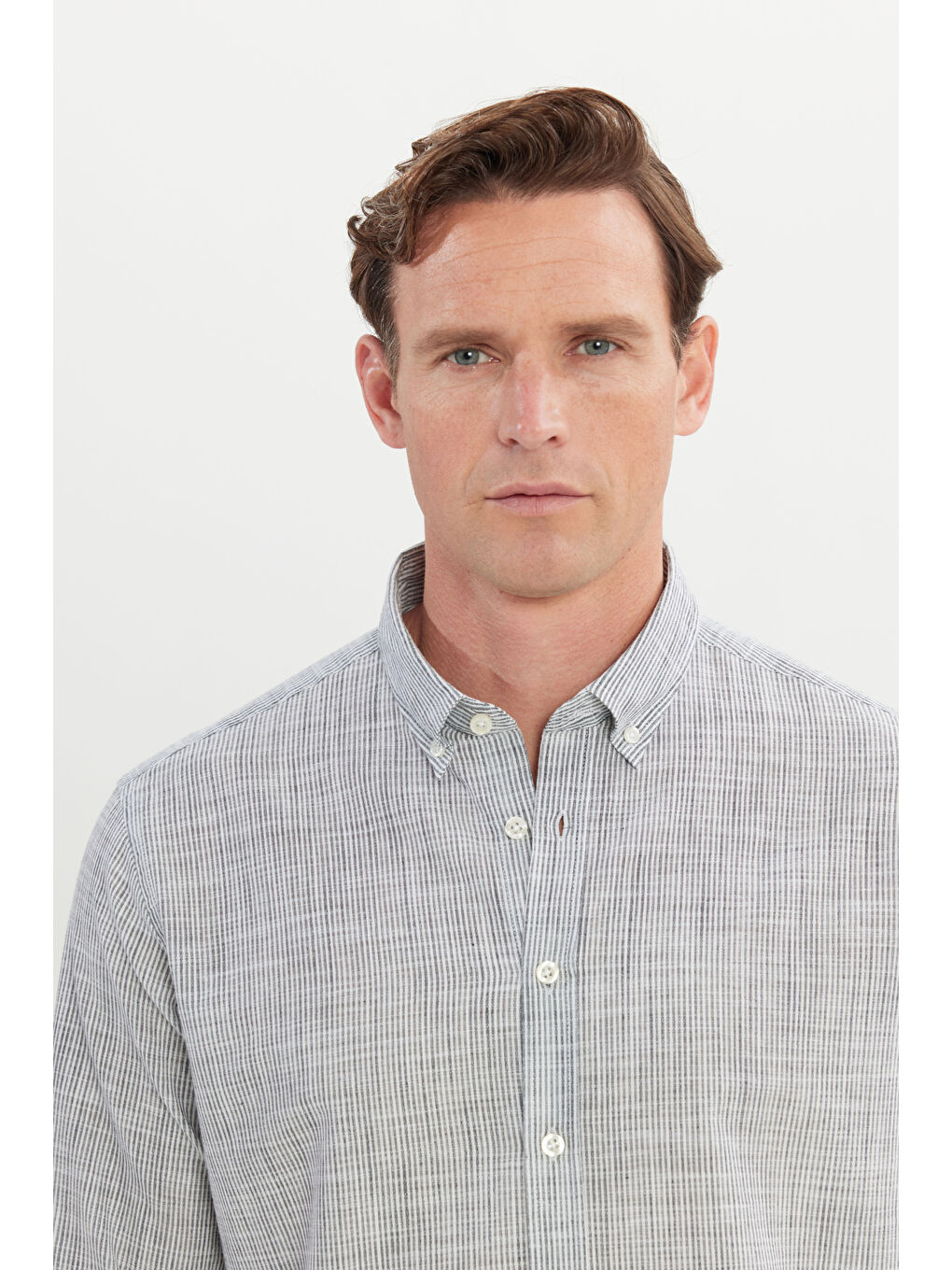 Erkek Siyah %100 Pamuk Comfort Fit Rahat Kesim Düğmeli Yaka Çizgili Gömlek-3