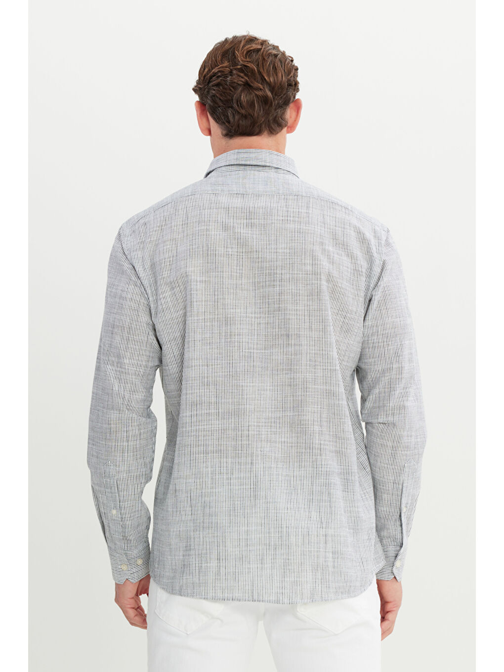 Erkek Siyah %100 Pamuk Comfort Fit Rahat Kesim Düğmeli Yaka Çizgili Gömlek-4