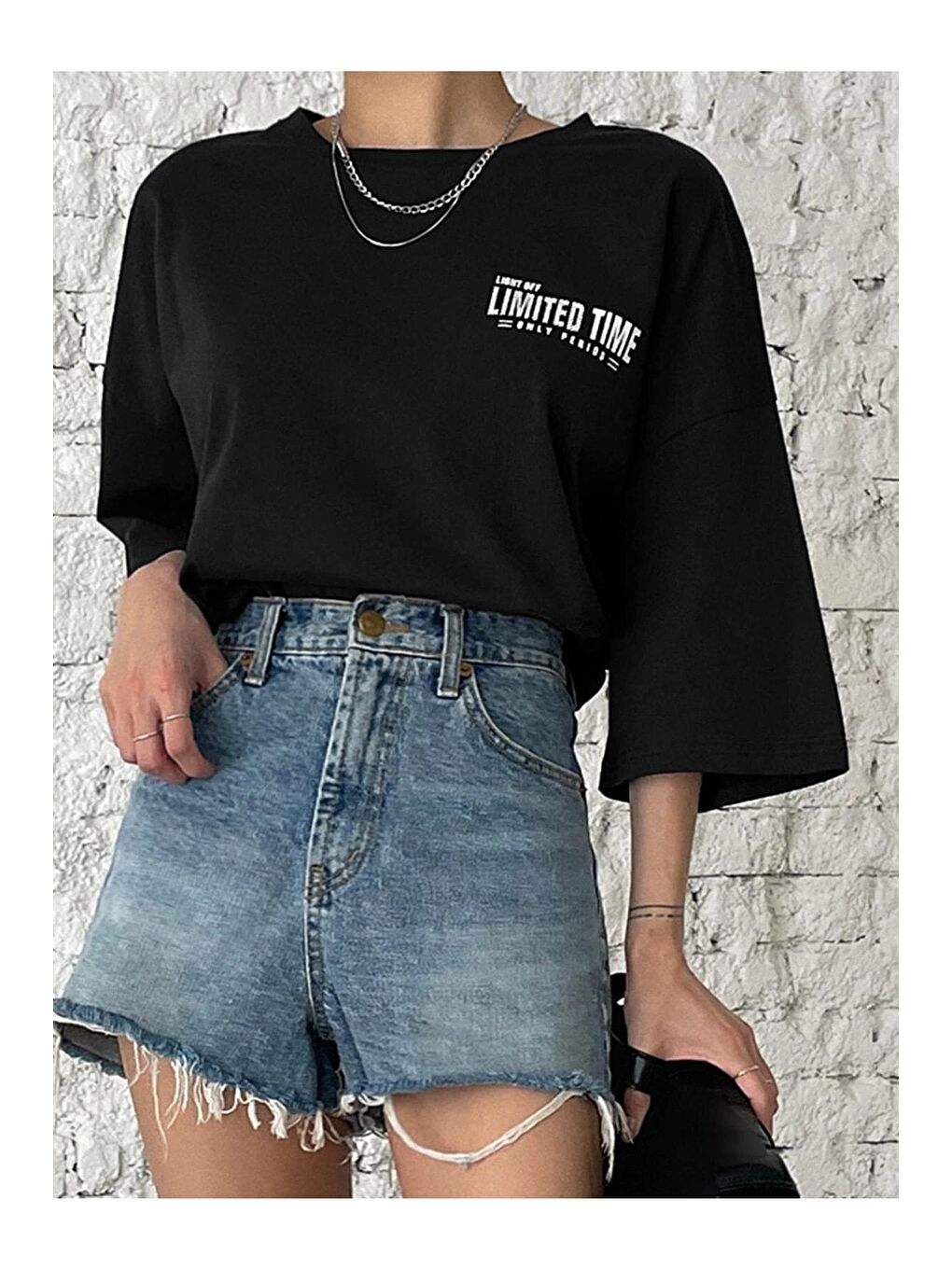 Trendseninle Siyah Kadın Siyah Oversize Limited Time Baskılı Tişört - 4