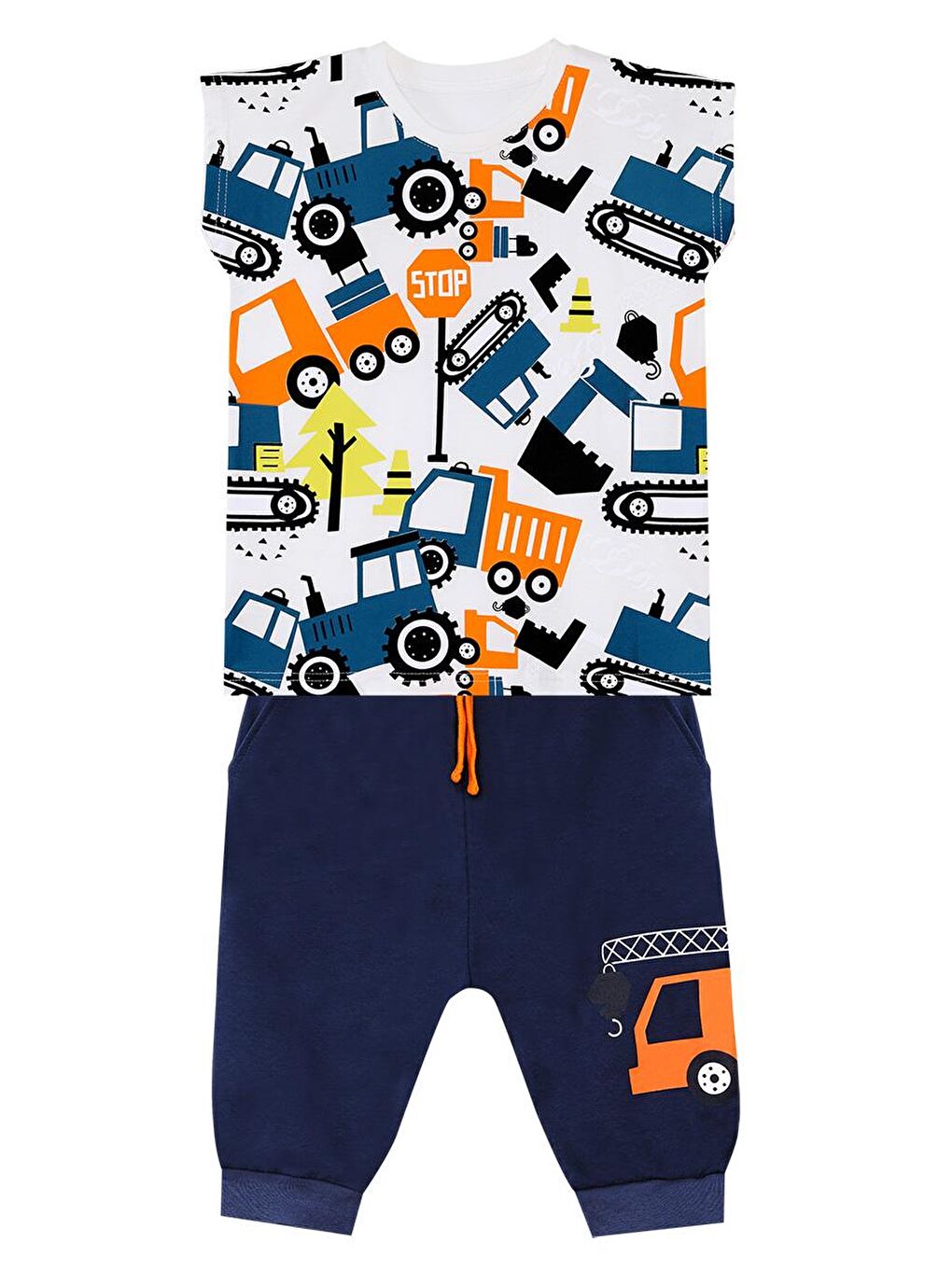 Denokids Lacivert Arabalar Erkek Çocuk T-shirt Baggy Kapri Takım - 2