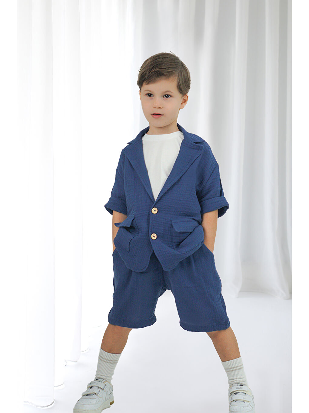 İndigo Müslin Ceket Şort Takım-1