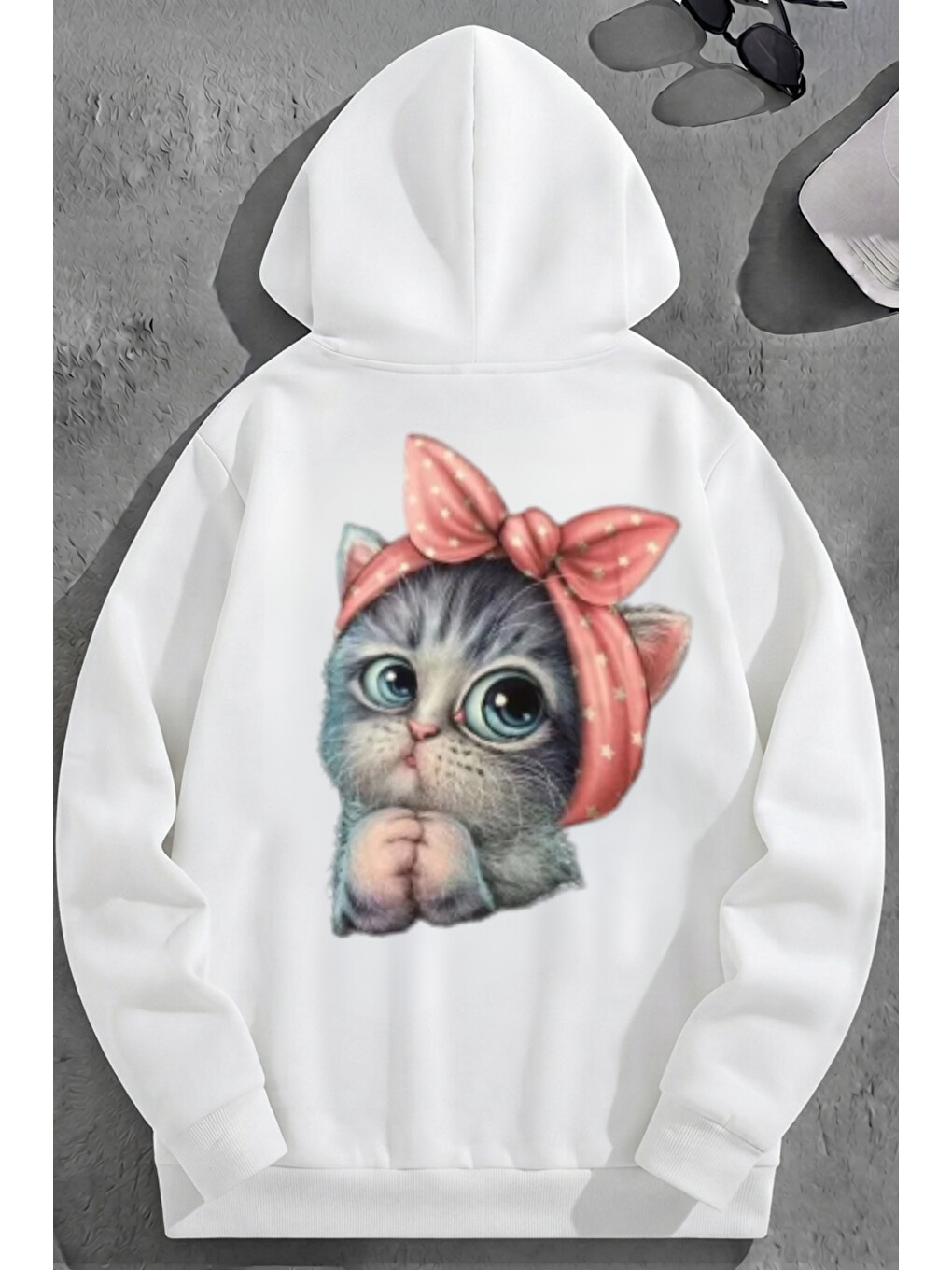 Unisex 3 İplik Pamuklu Beyaz Minikkedi Baskı Bol Kalıp Sweatshirt Hoodie