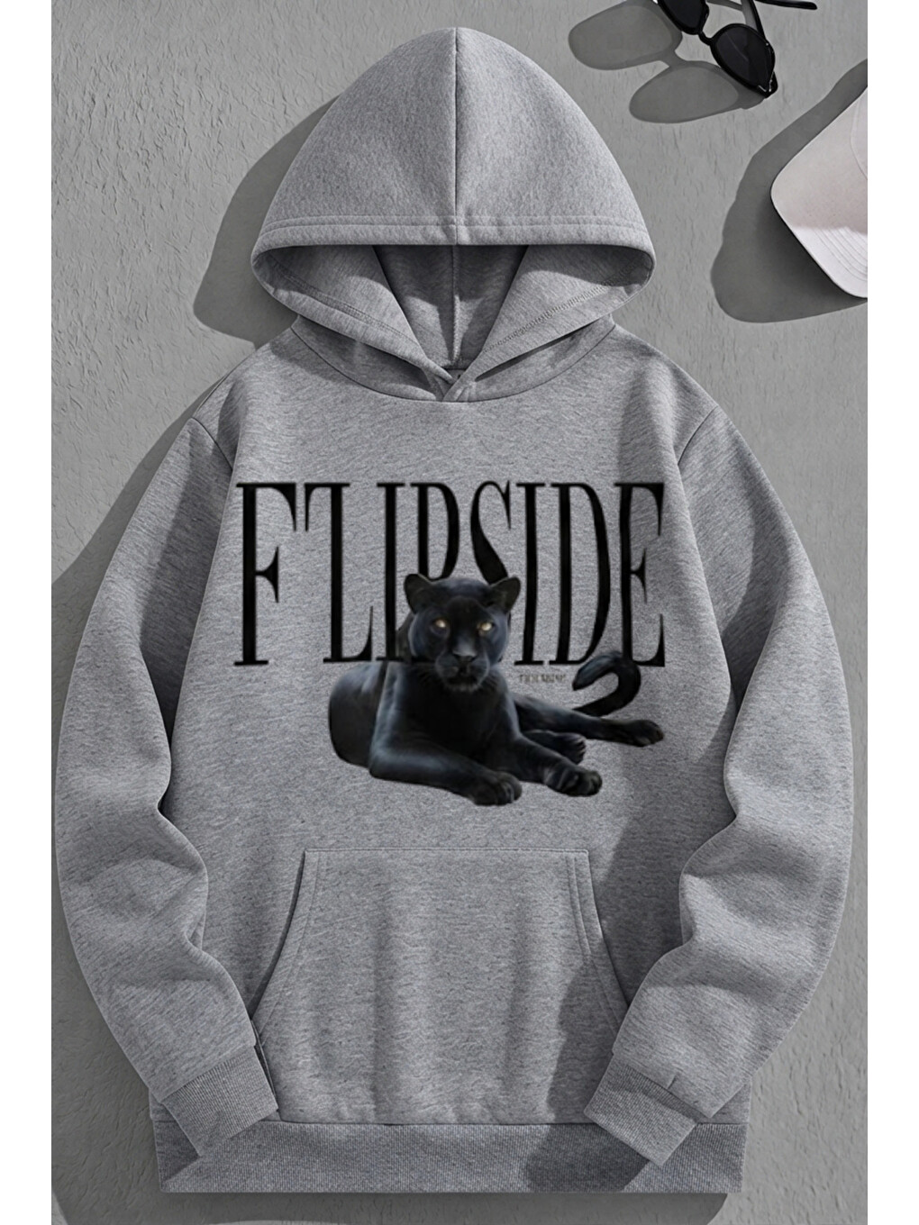 Unisex 3 İplik Pamuklu Gri Flipside Baskı Bol Kalıp Sweatshirt Hoodie