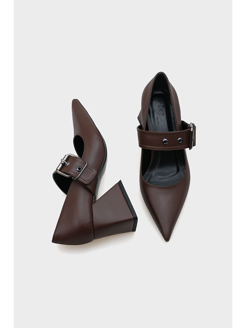 Kahverengi Roda Sivri Burunlu Orta Topuklu Metal Tokalı Kadın Ayakkabı-5