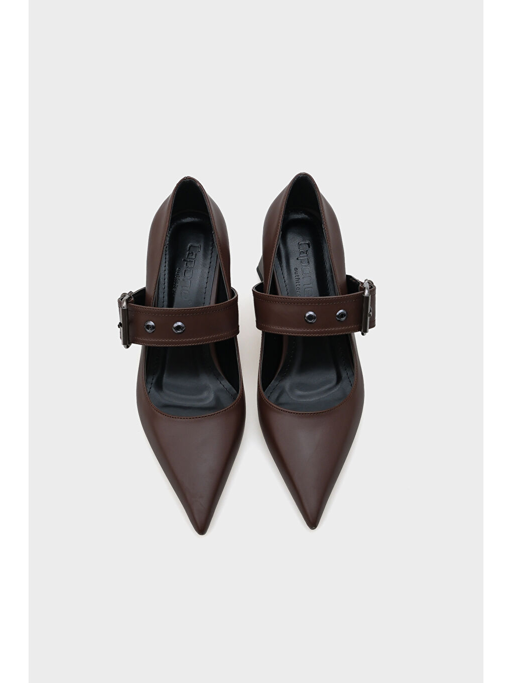 Kahverengi Roda Sivri Burunlu Orta Topuklu Metal Tokalı Kadın Ayakkabı-6