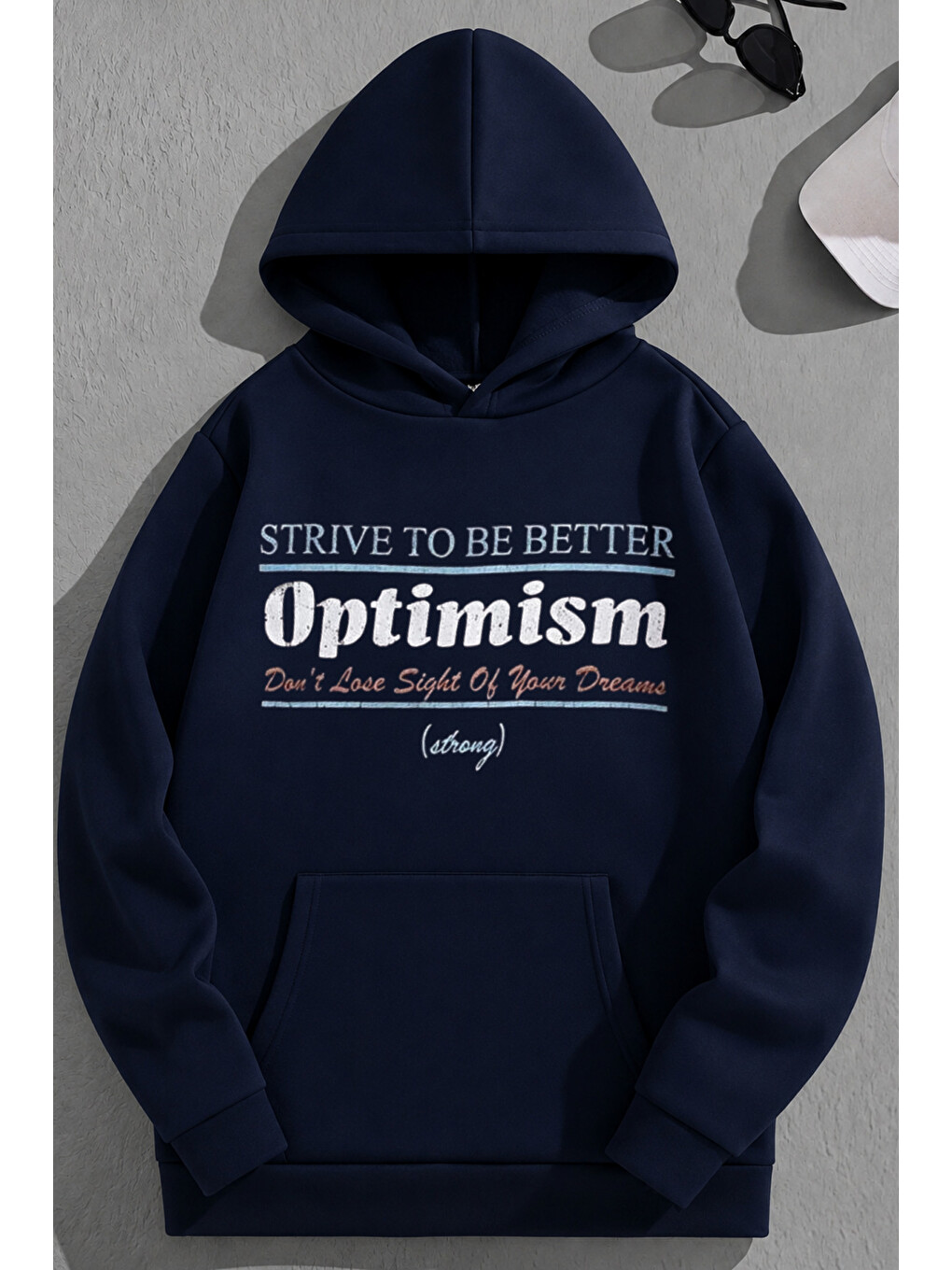 Unisex 3 İplik Pamuklu Lacivert Optimism Baskı Bol Kalıp Sweatshirt Hoodie