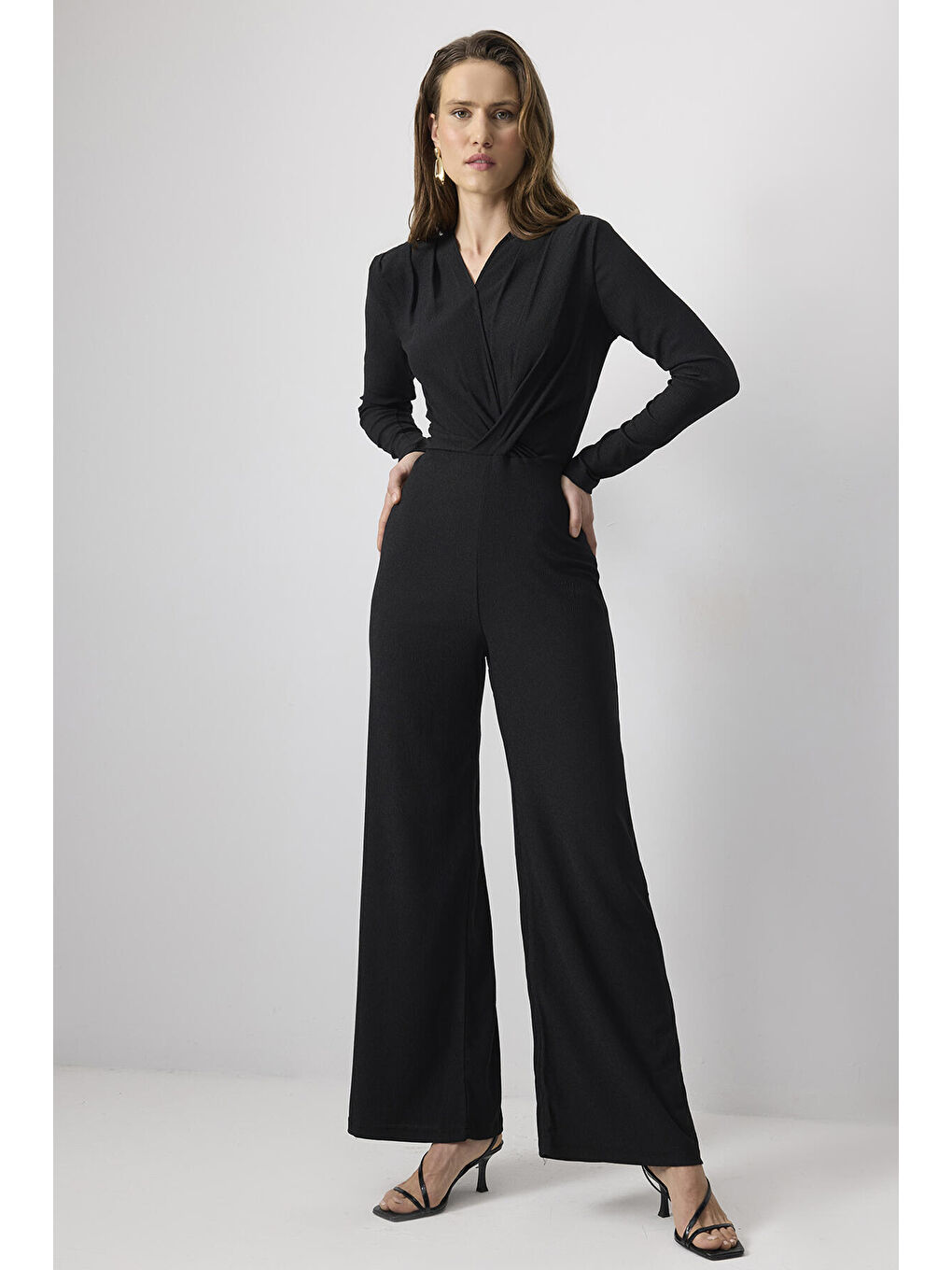 Siyah Kruvaze Elastanlı Tulum