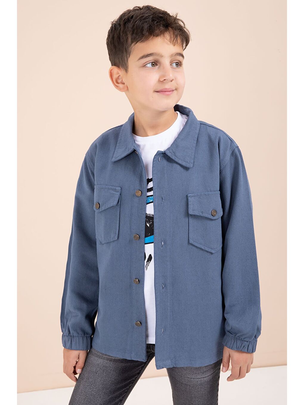 Mavi Düğmeli Cepli Gömlekli Jean Pantolonlu Erkek Çocuk 3lü Takım 23634-1