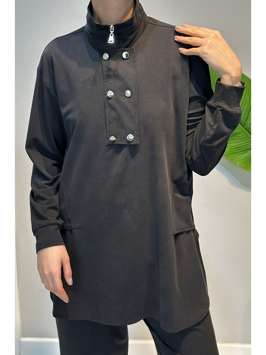 Pamuklu Zımba Detay Tunik Pantolon Takım 4417 Siyah-1