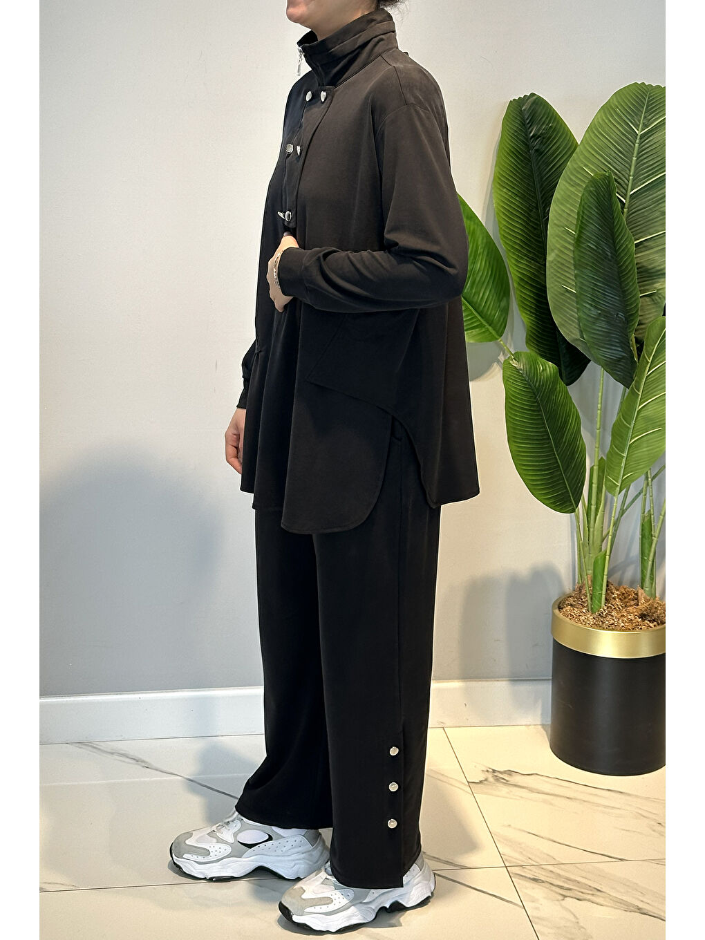 Pamuklu Zımba Detay Tunik Pantolon Takım 4417 Siyah-2