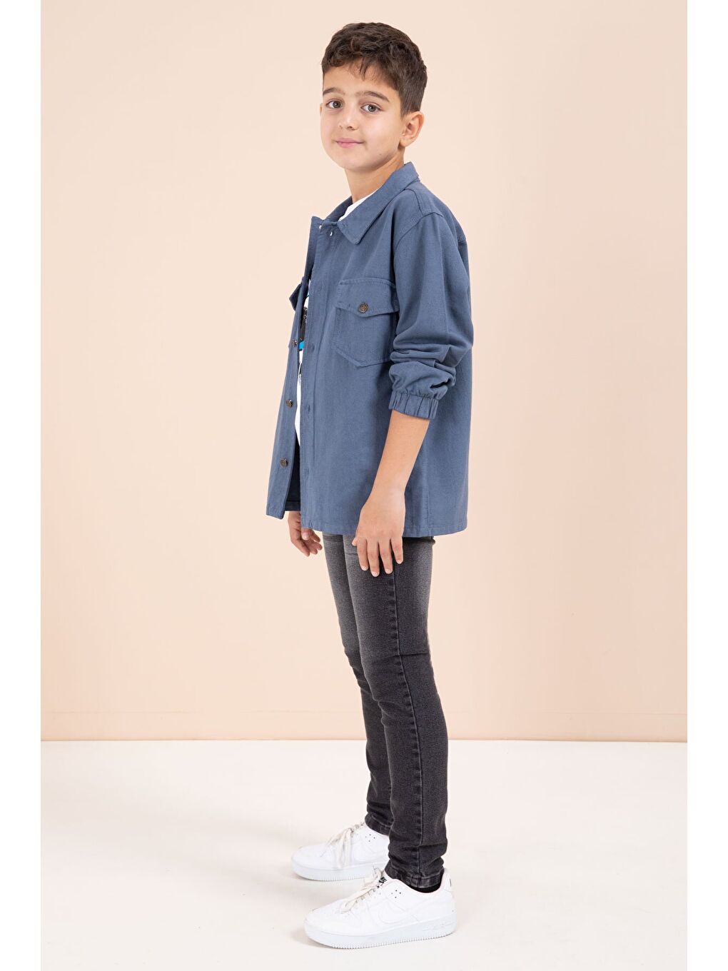 Mavi Düğmeli Cepli Gömlekli Jean Pantolonlu Erkek Çocuk 3lü Takım 23634-4