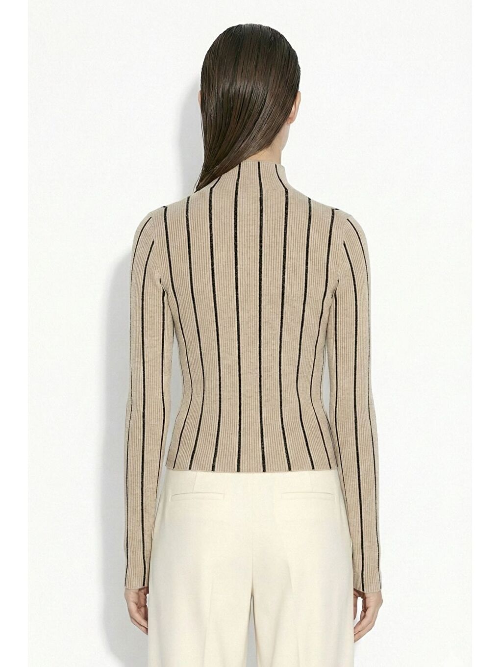 Bej Vizon-siyah Dik Yaka Vizon Siyah Çizgili Triko Kazak-2