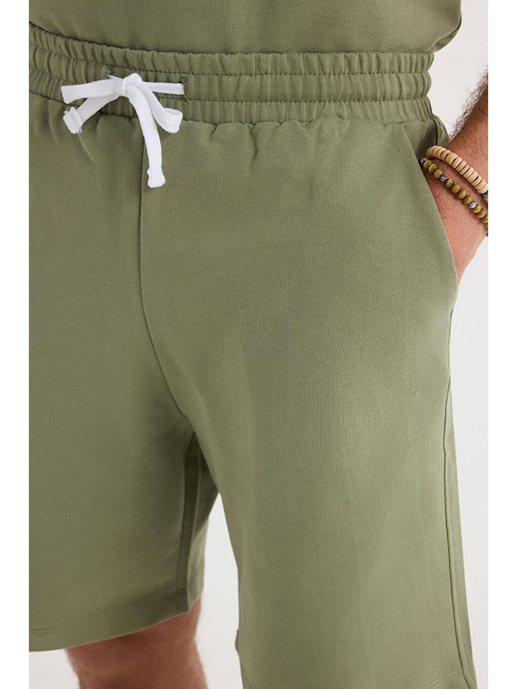 Relax Fit Rahat Kesim %100 Pamuk Hafif Kalın Özel Tasarım Erkek Haki Şortlu Eşofman Takım-2