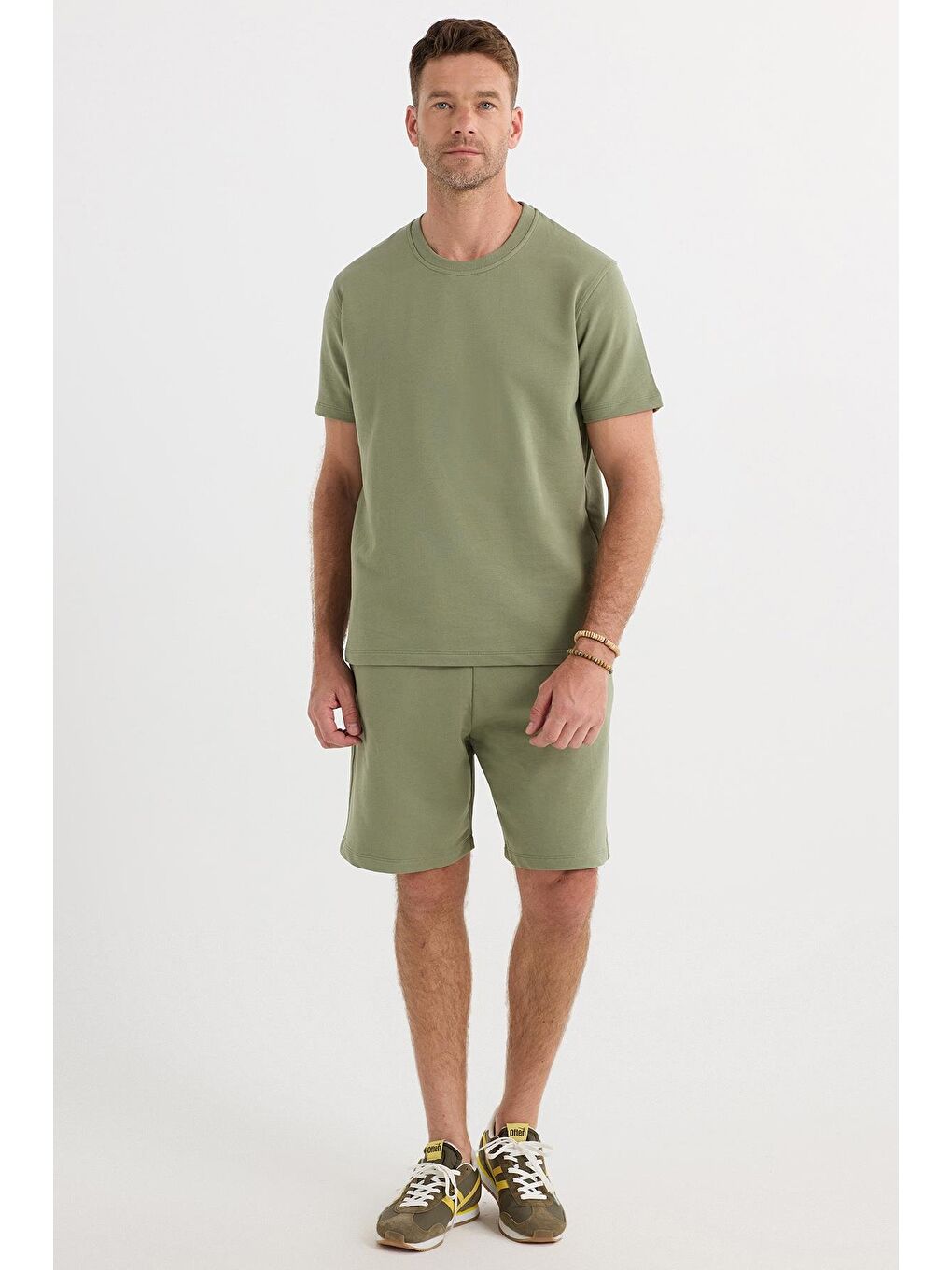 Relax Fit Rahat Kesim %100 Pamuk Hafif Kalın Özel Tasarım Erkek Haki Şortlu Eşofman Takım-4