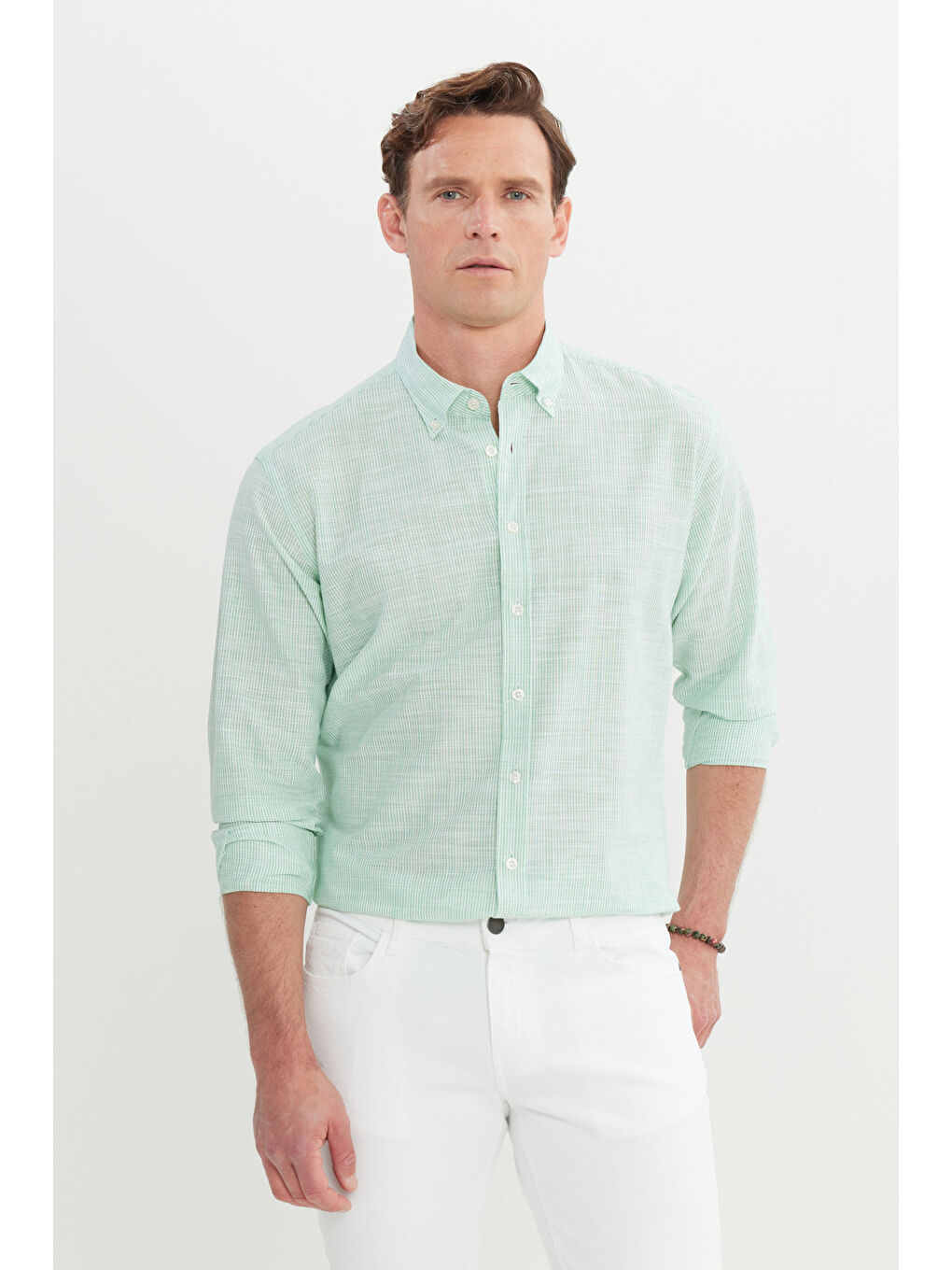 Erkek Yeşil %100 Pamuk Comfort Fit Rahat Kesim Düğmeli Yaka Çizgili Gömlek