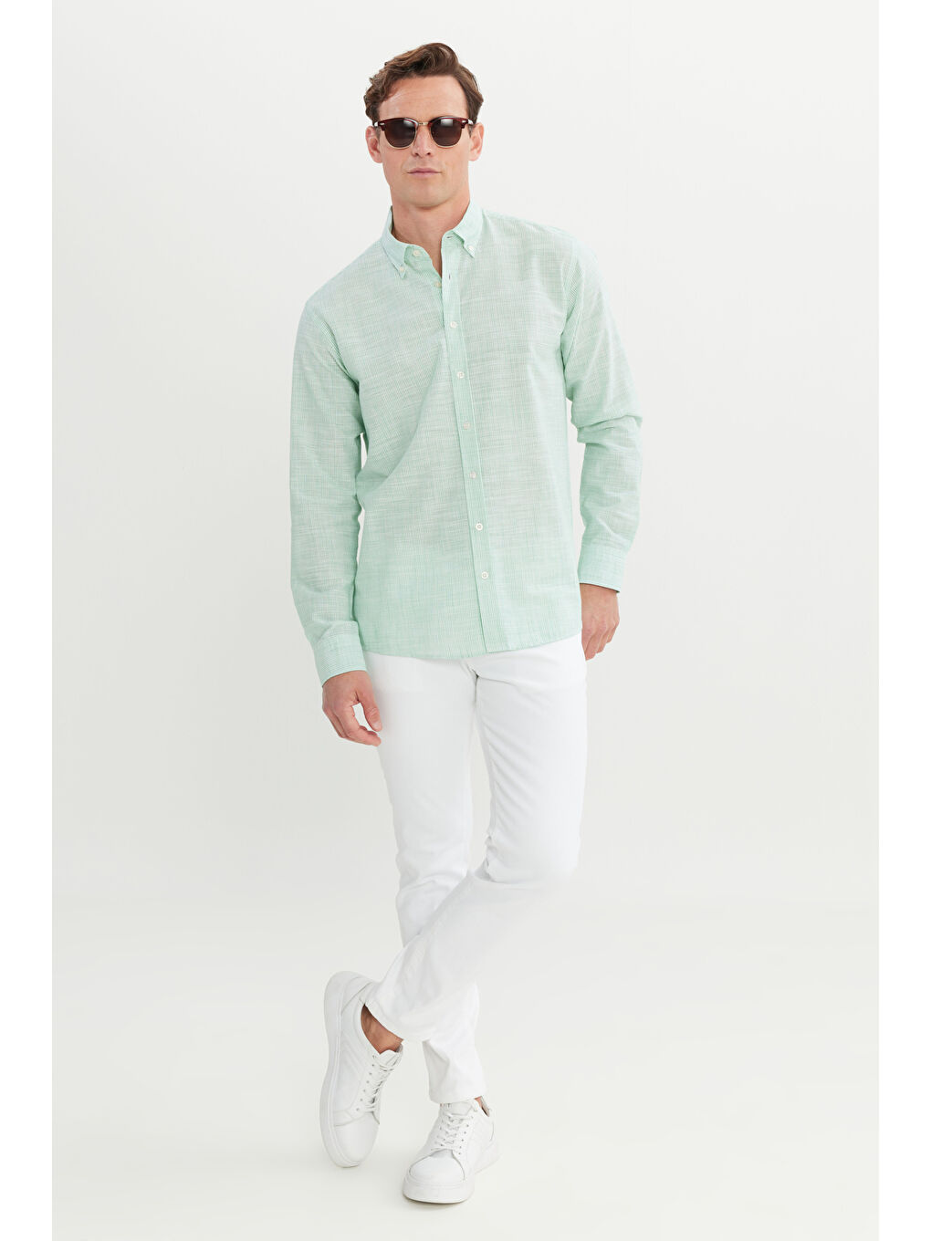 Erkek Yeşil %100 Pamuk Comfort Fit Rahat Kesim Düğmeli Yaka Çizgili Gömlek-1