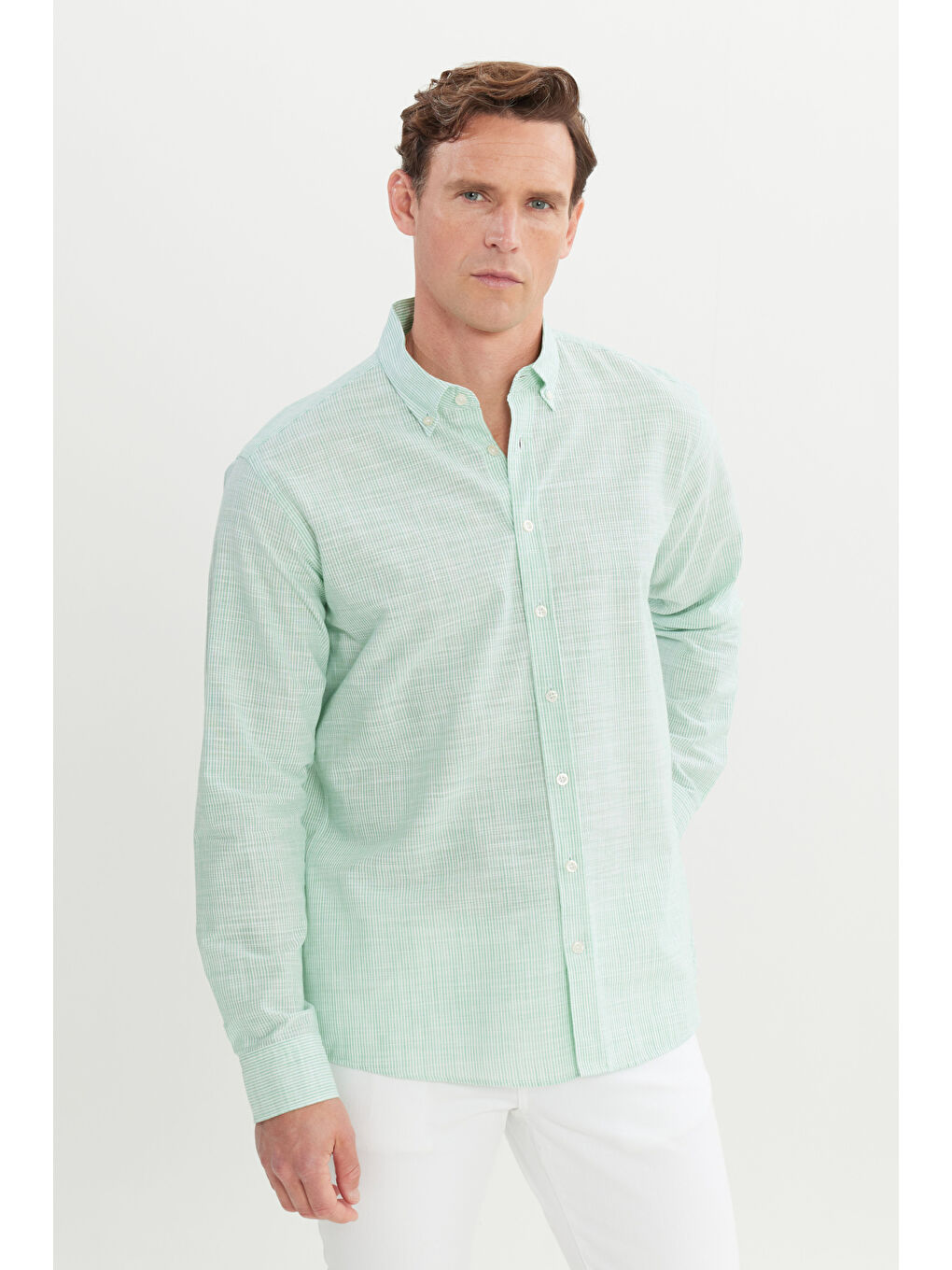 Erkek Yeşil %100 Pamuk Comfort Fit Rahat Kesim Düğmeli Yaka Çizgili Gömlek-2