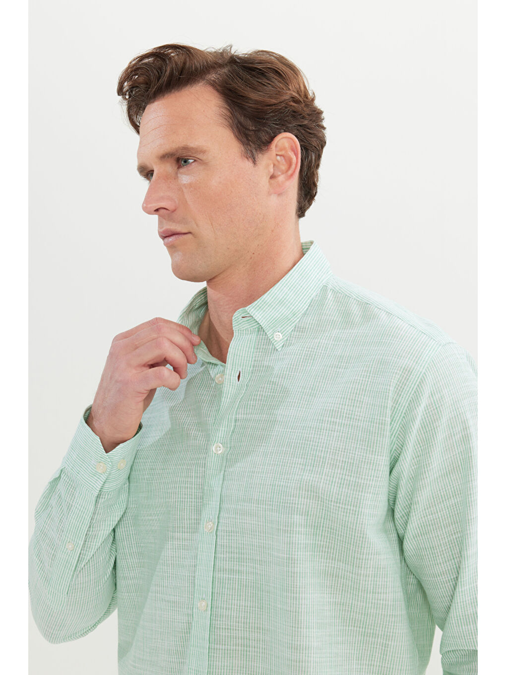 Erkek Yeşil %100 Pamuk Comfort Fit Rahat Kesim Düğmeli Yaka Çizgili Gömlek-3