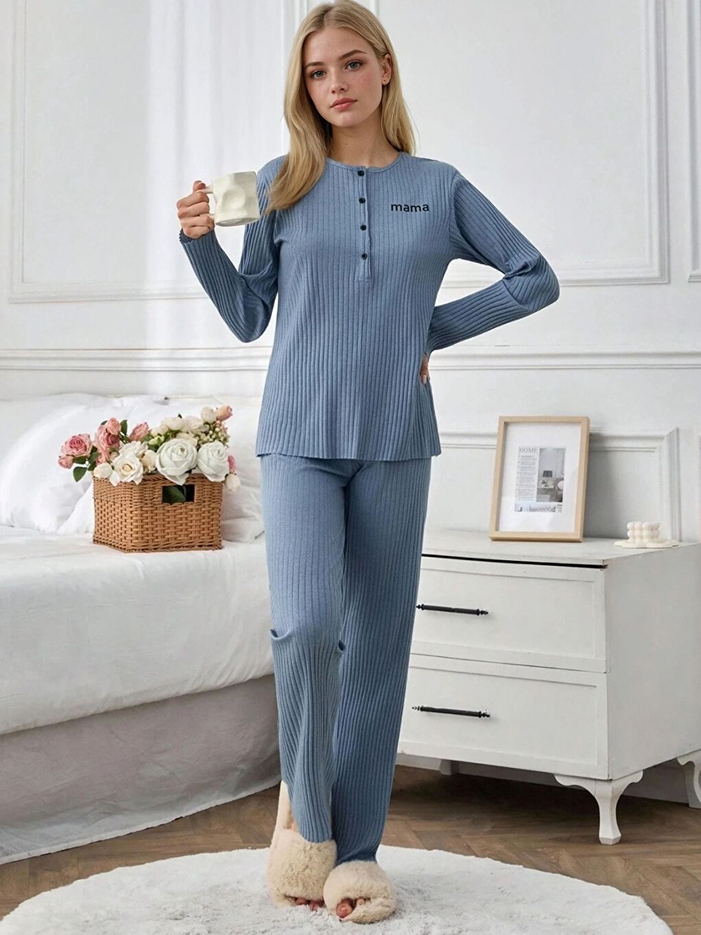 Mavi Mama Mood Kadın Düğmeli Ribana Pijama Takım