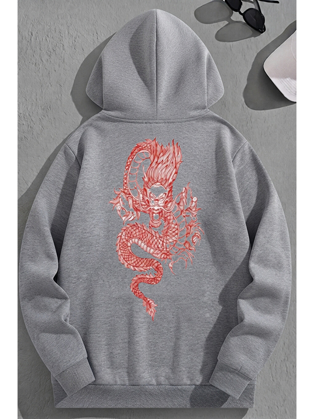 Unisex 3 İplik Pamuklu Gri Reddragon Baskı Bol Kalıp Sweatshirt Hoodie