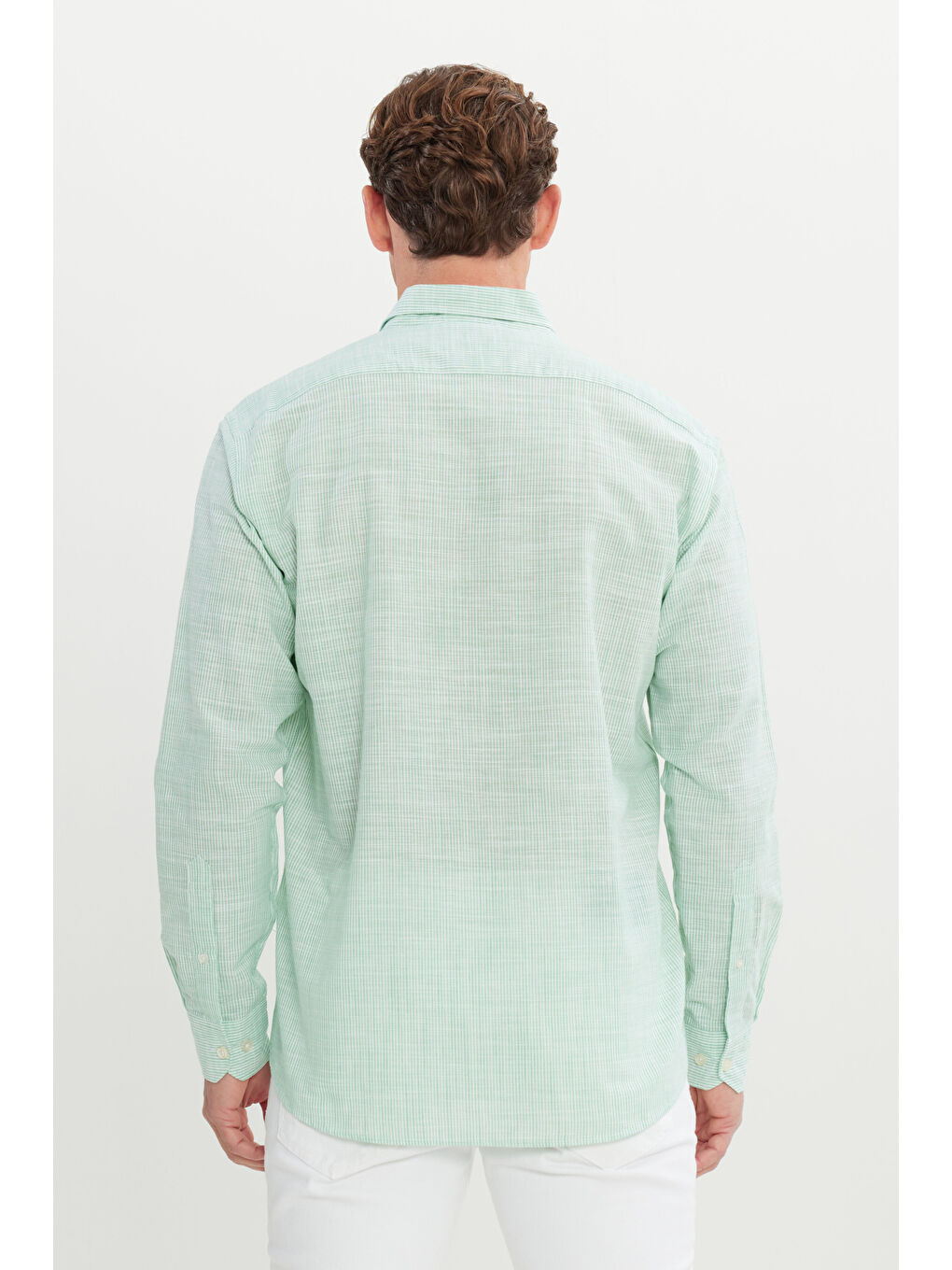Erkek Yeşil %100 Pamuk Comfort Fit Rahat Kesim Düğmeli Yaka Çizgili Gömlek-4