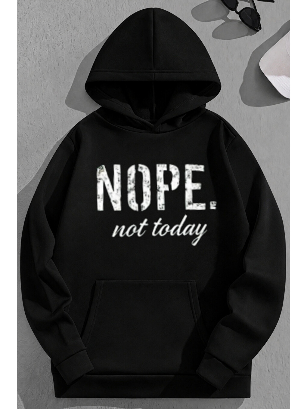 Unisex 3 İplik Pamuklu Siyah Nope Baskı Bol Kalıp Sweatshirt Hoodie