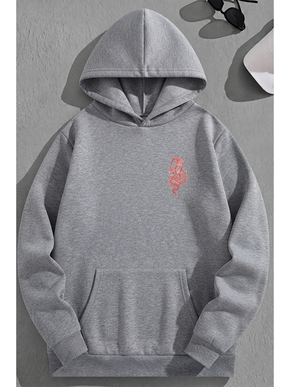 Unisex 3 İplik Pamuklu Gri Reddragon Baskı Bol Kalıp Sweatshirt Hoodie-1