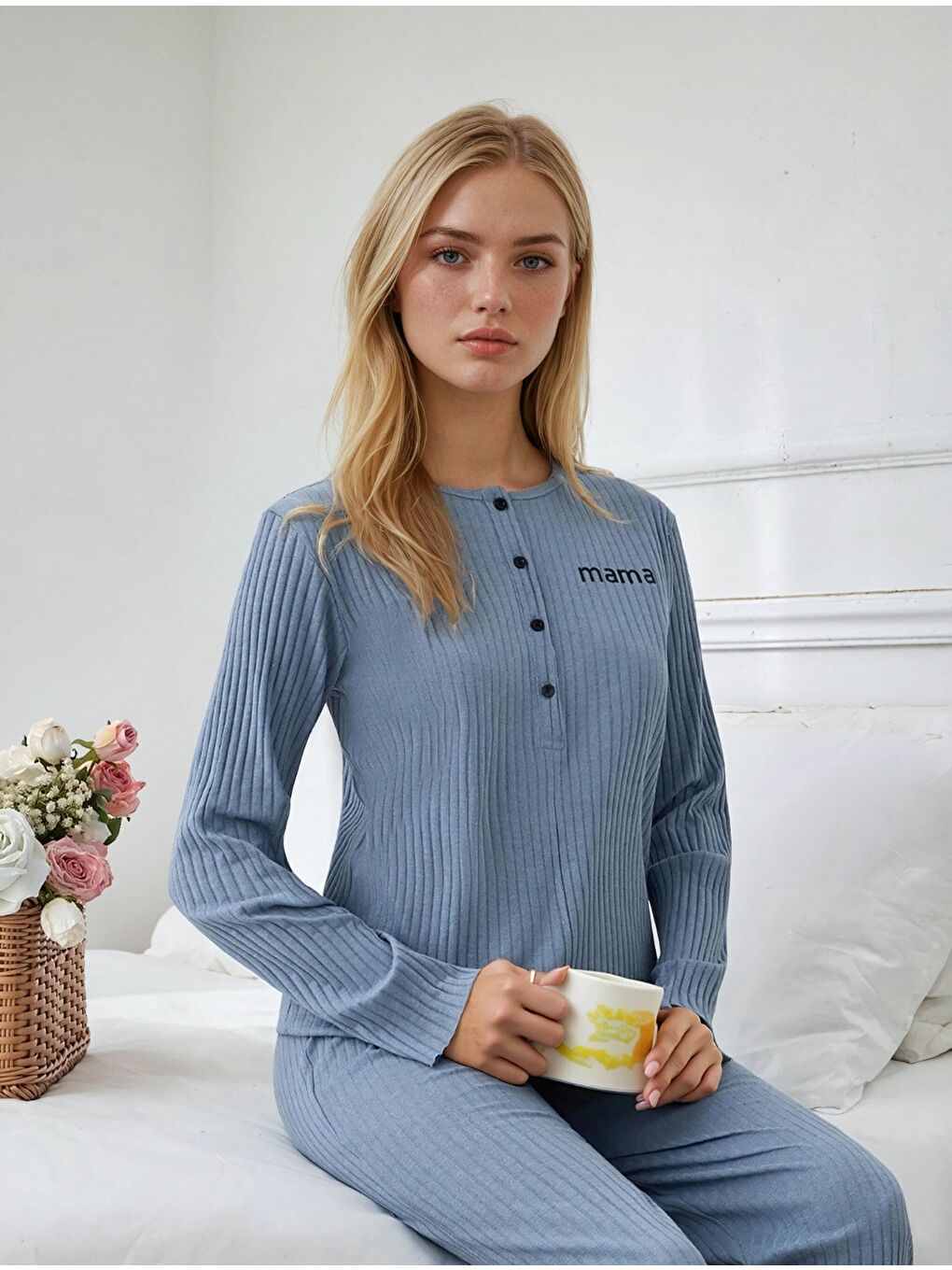 Mavi Mama Mood Kadın Düğmeli Ribana Pijama Takım-1