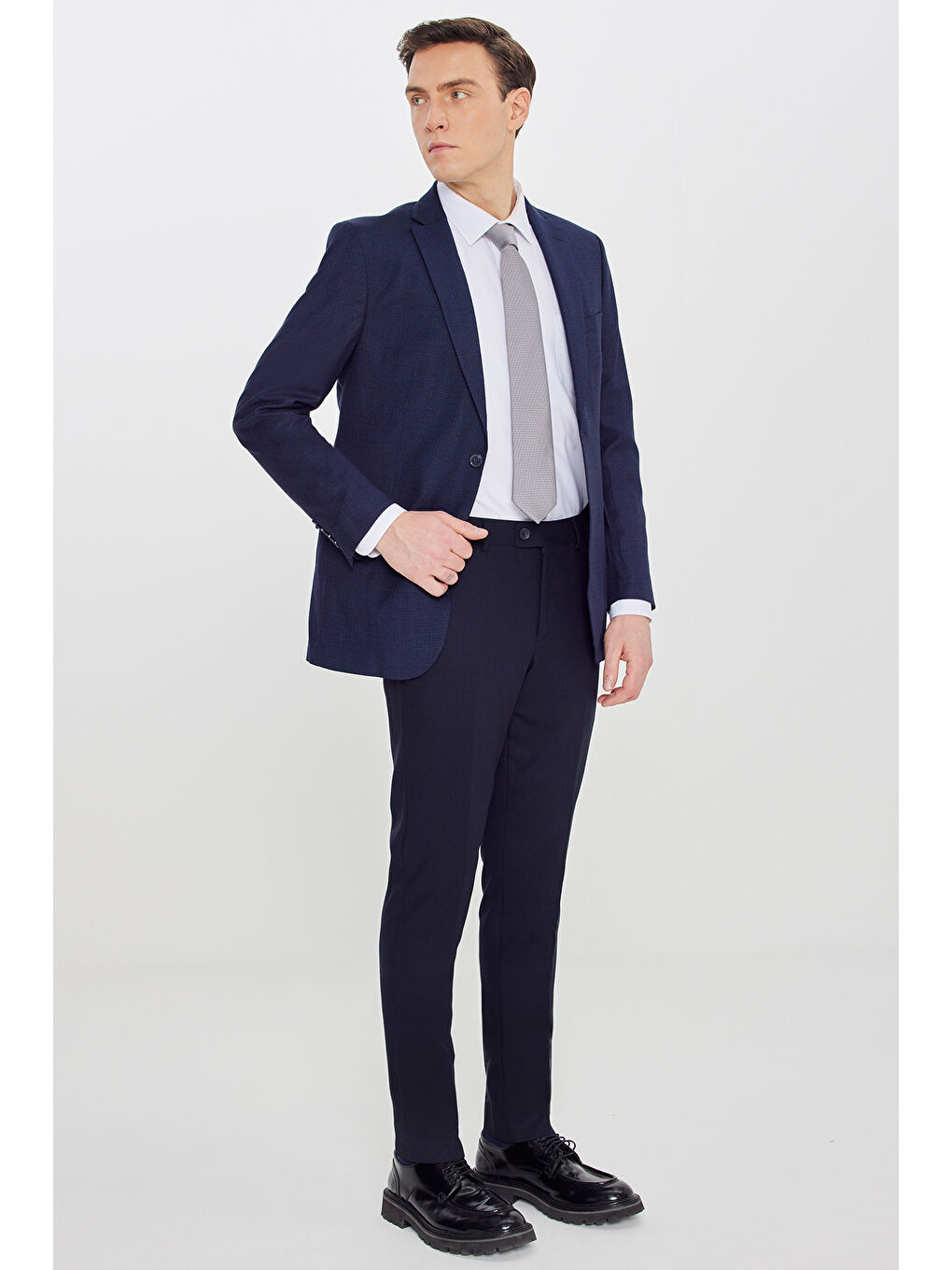 Erkek Lacivert-Mavi Slim Fit Dar Kesim Mono Yaka Desenli Çift Pantolonlu Takım Elbise