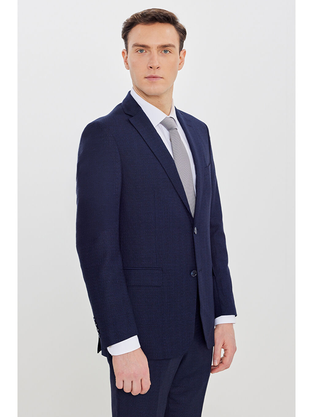 Erkek Lacivert-Mavi Slim Fit Dar Kesim Mono Yaka Desenli Çift Pantolonlu Takım Elbise-1