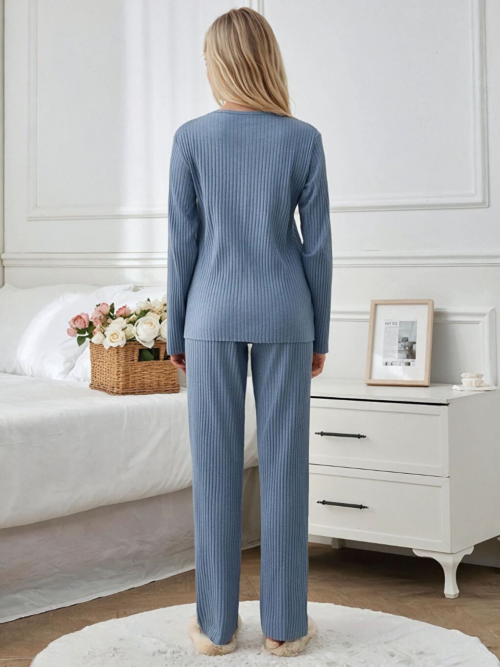 Mavi Mama Mood Kadın Düğmeli Ribana Pijama Takım-2