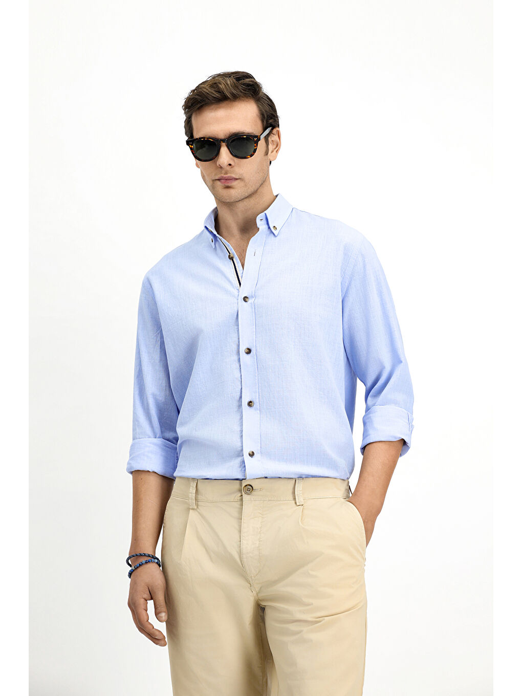 Mavi Uzun Kol Regular Fit Düğmeli Yaka Keten Görünümlü Spor Pamuk %100 Pamuk Gömlek