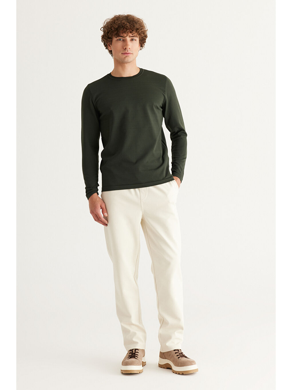 Erkek Bej Standart Fit Normal Kesim Pamuklu Pantolon-4