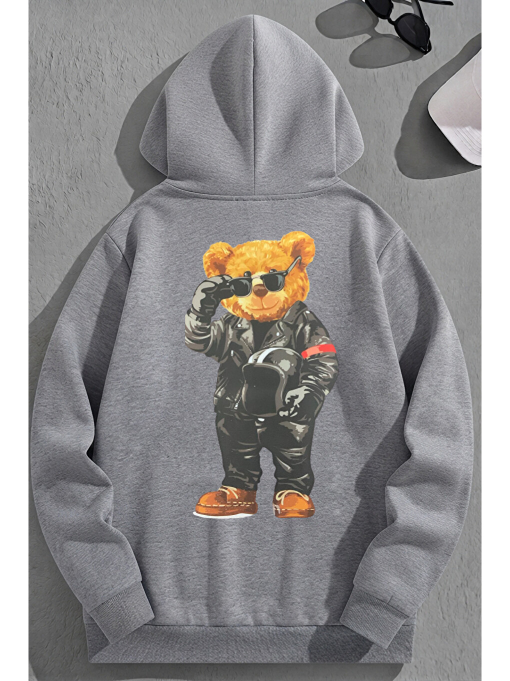Unisex 3 İplik Pamuklu Gri Motorcubear Baskı Bol Kalıp Sweatshirt Hoodie