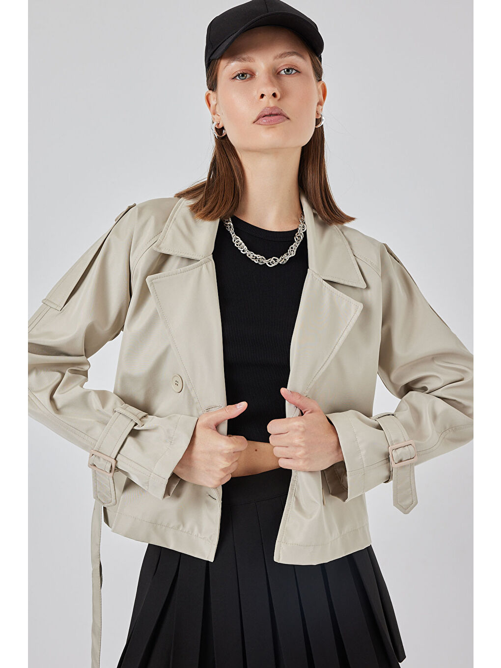 Bej Kadın Kemerli Kısa Trençkot 5970 - Taş