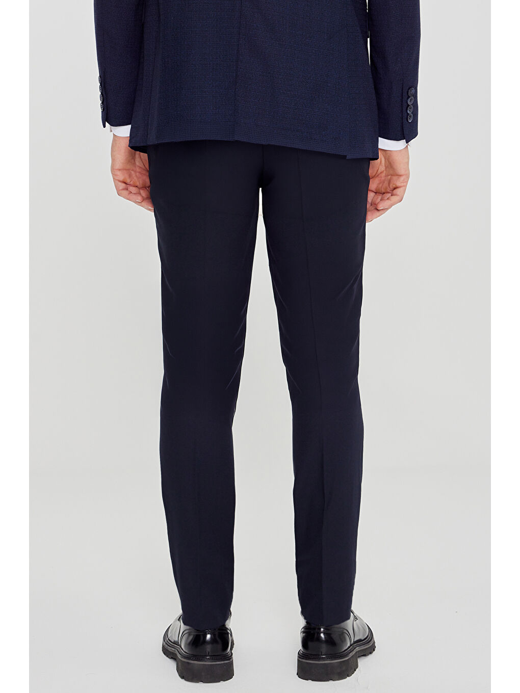 Erkek Lacivert-Mavi Slim Fit Dar Kesim Mono Yaka Desenli Çift Pantolonlu Takım Elbise-6