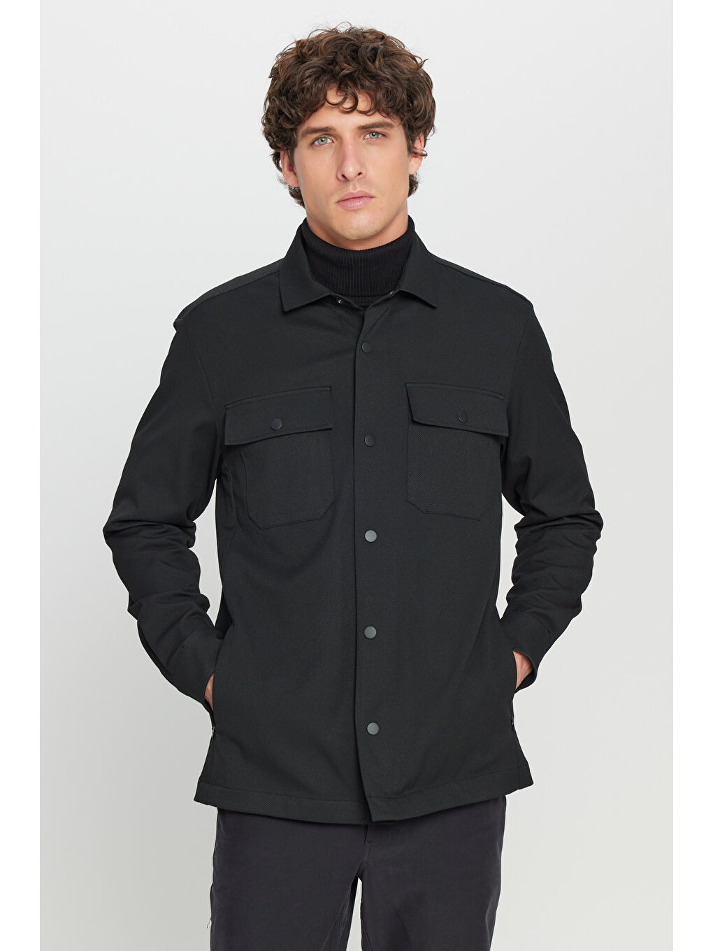 Erkek Siyah Relax Fit Rahat Kesim Gömlek Yaka Diagonal Desenli Çift Ceketli Takım Elbise