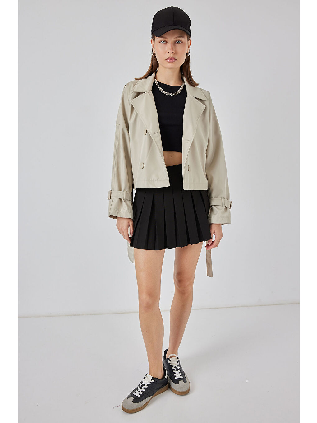 Bej Kadın Kemerli Kısa Trençkot 5970 - Taş-1