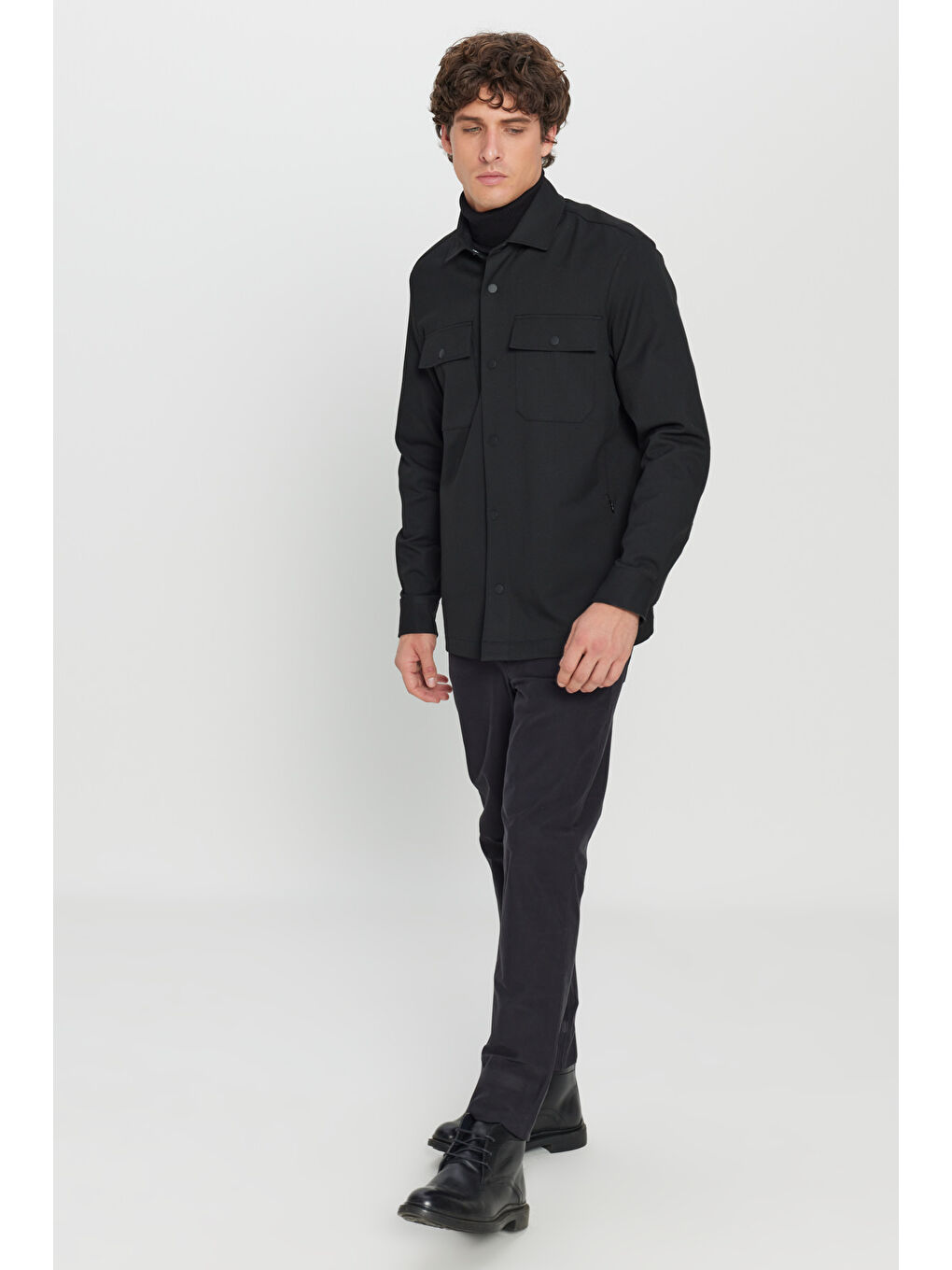 Erkek Siyah Relax Fit Rahat Kesim Gömlek Yaka Diagonal Desenli Çift Ceketli Takım Elbise-1